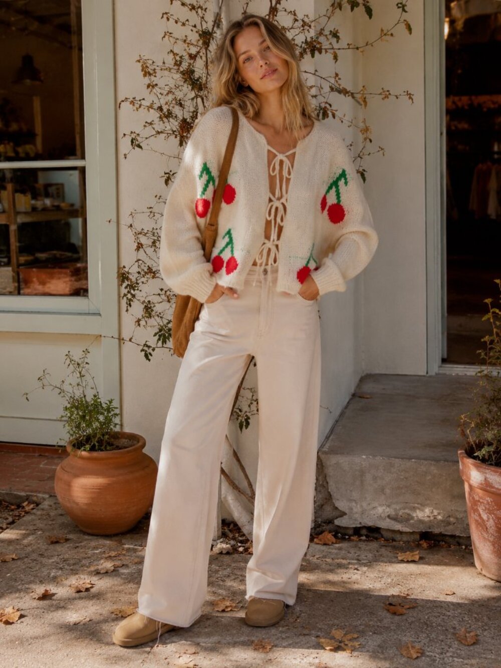 Miss Sparkling Cream Cherry Cardigan Lace Up Tie Front Graphic Knit Sweater